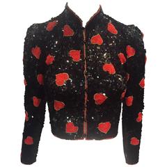 1980s Loris Azzaro Black and Red Heart Motif Sequin Jacket w/ Mandarin Collar