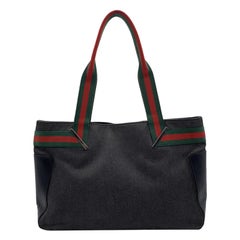 Gucci Black Denim Canvas Shopping Bag Tote Handbag with Stripes