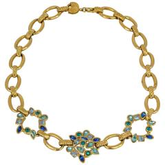 Yves Saint Laurent 1980s Necklace Goldtone with blue-green Rhinestones