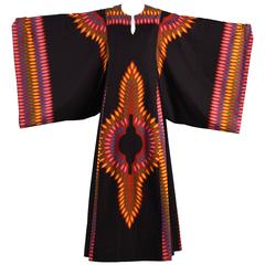 Stunning 1970s Ethnic Cotton Graphic Caftan with Kimono Sleeves