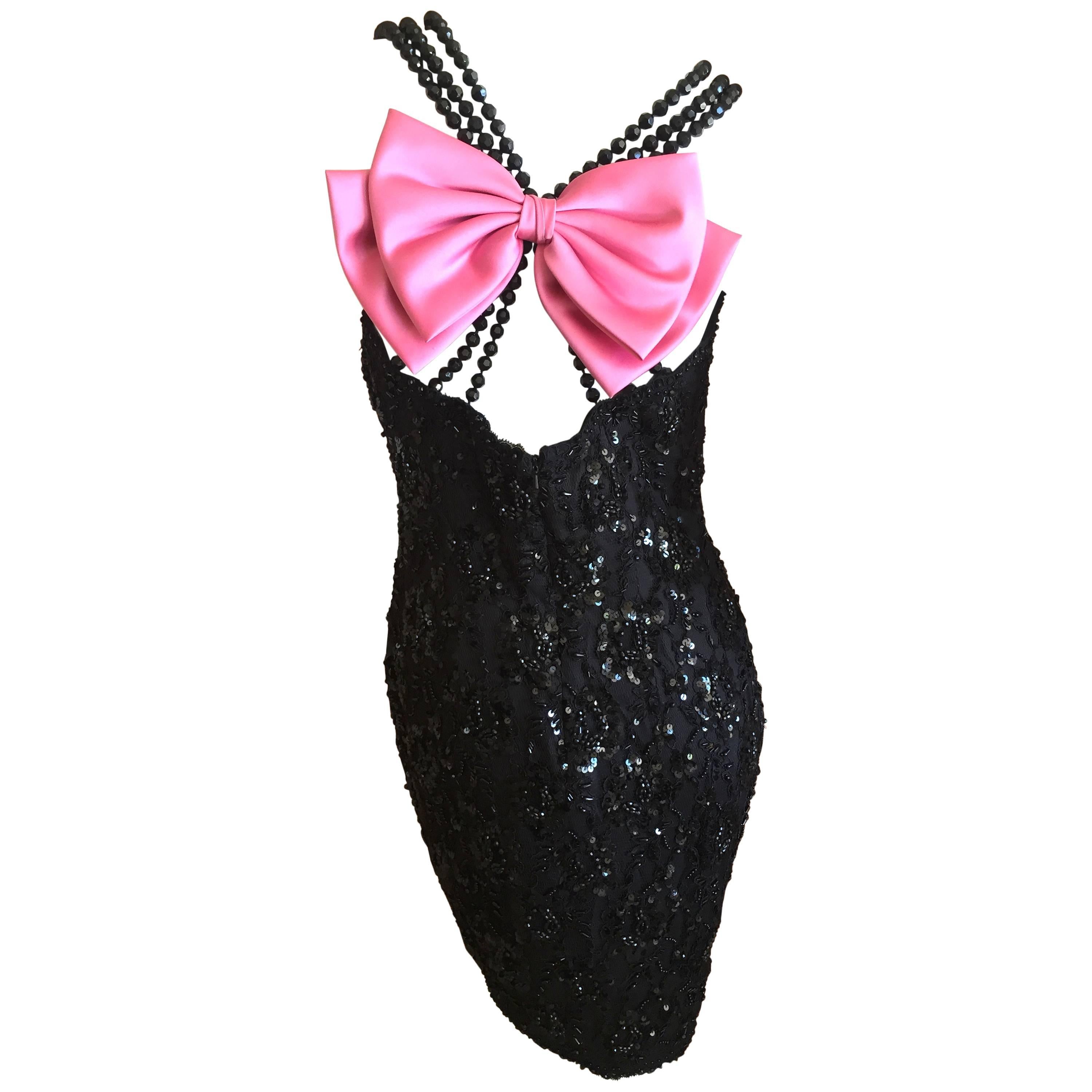 Oscar de la Renta 1980's Sequin Cocktail Dress with Beads and Bow