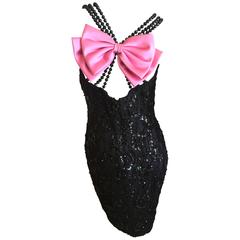 Oscar de la Renta 1980's Sequin Cocktail Dress with Beads and Bow