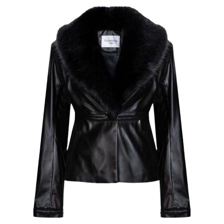 Verheyen London Cropped Edward Jacket in Black Leather with Faux Fur, Size 10 For Sale