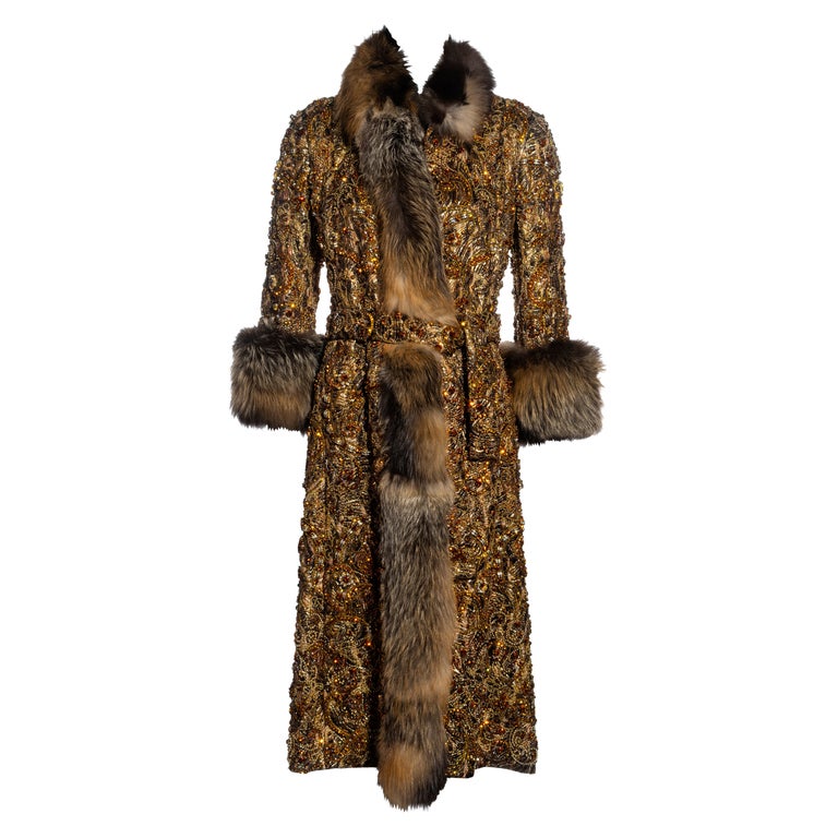 Dolce & Gabbana brocade and fox fur crystal embellished evening coat, fw 2004 For Sale