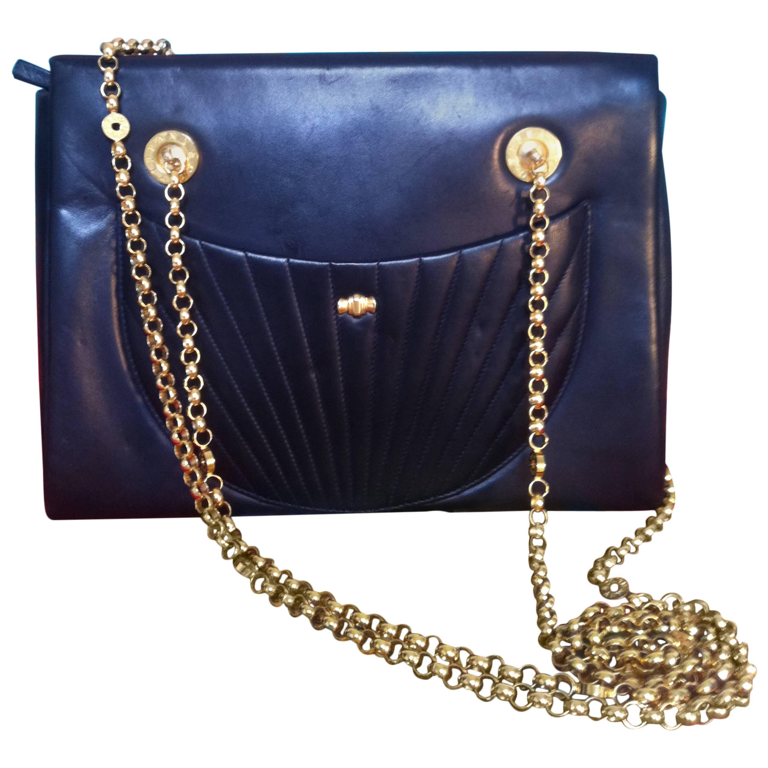 Vintage Tiffany black leather shoulder bag, tote with golden chain straps 