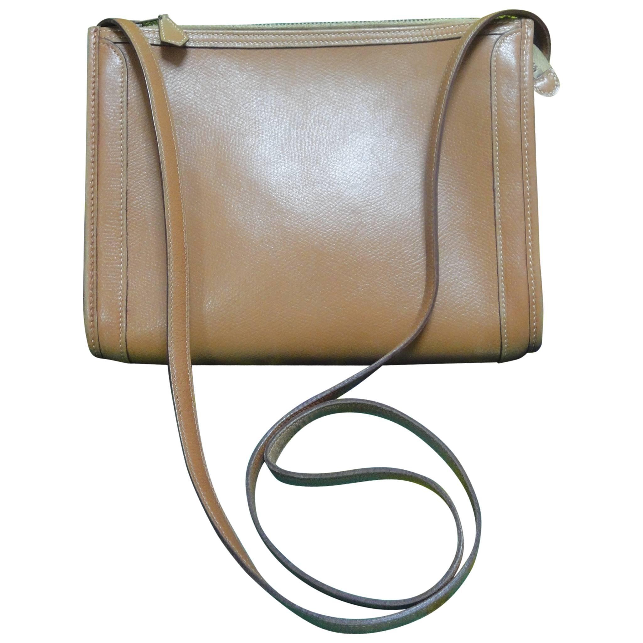 80's vintage HERMES tanned brown, courchevel leather, shoulder bag, clutch purse For Sale