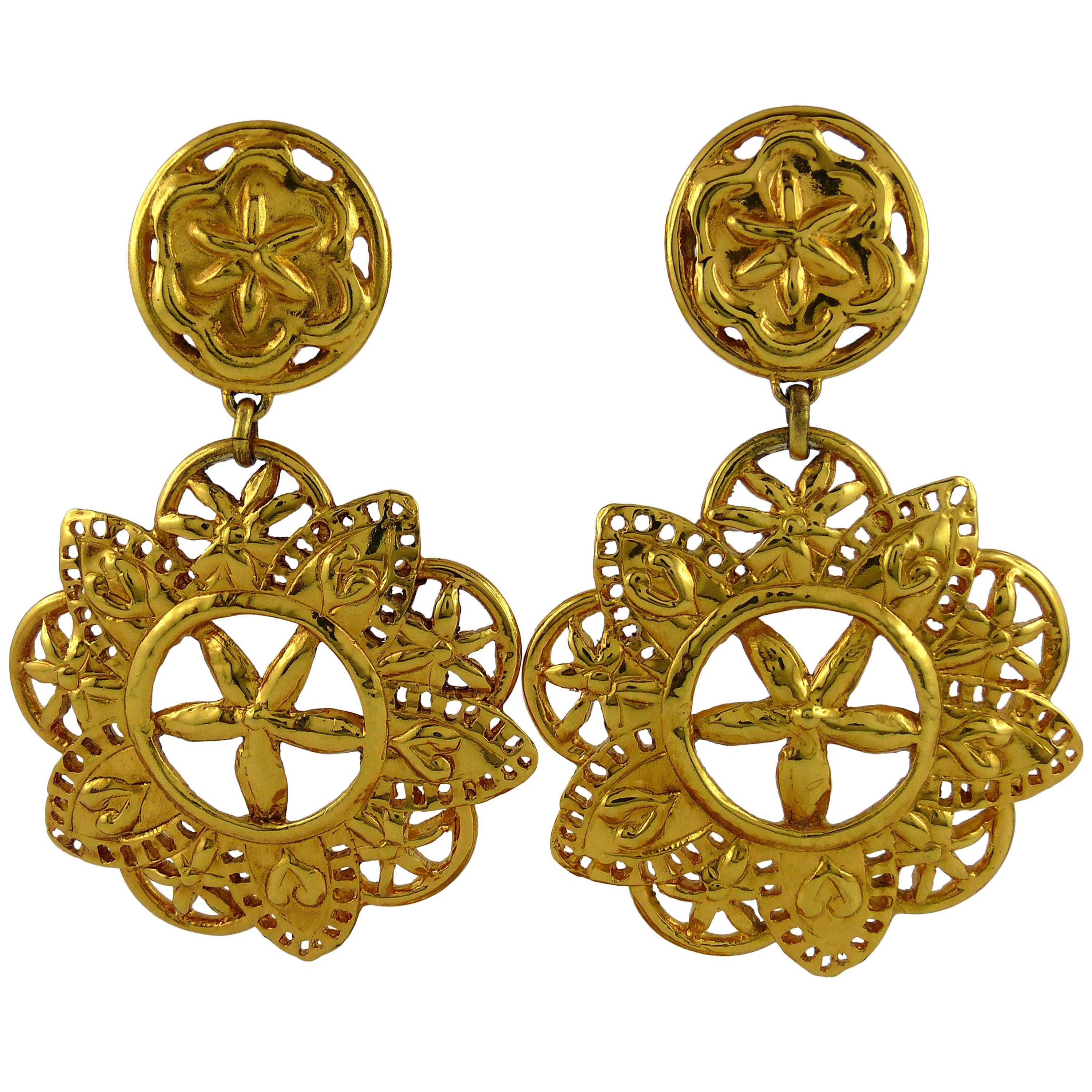 Christian Lacroix Vintage Massive Gold Toned Openwork Abstract Floral Earrings