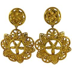 Christian Lacroix Vintage Massive Gold Toned Openwork Abstract Floral Earrings 5