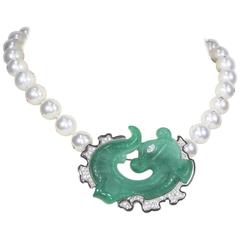 Vintage Faux Jade Rhinestone Dragon Fish Brooch Pin Faux Pearl CZ Necklace and Earrings