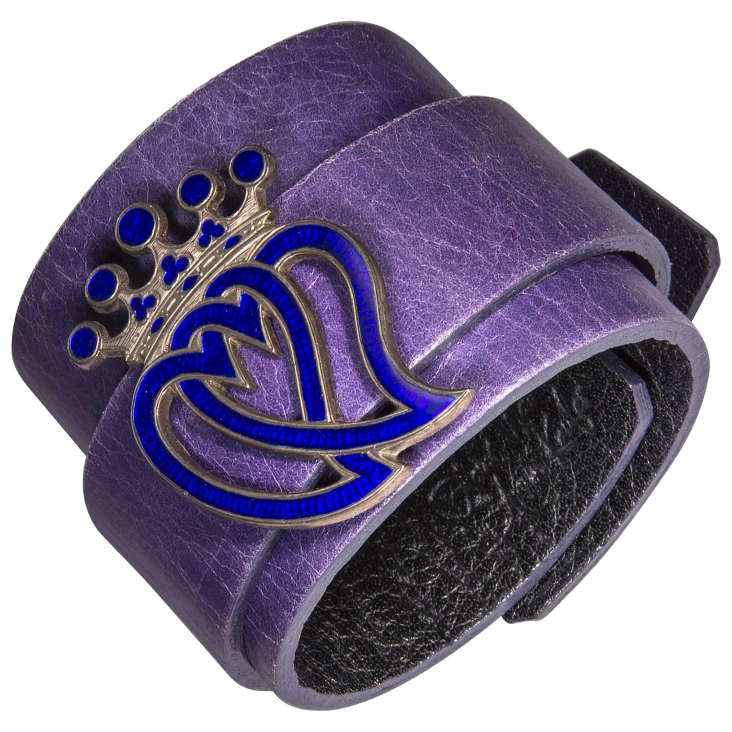 Crowned Hearts Blue Enamel and Sterling Silver on Leather Cuff Bracelet For Sale