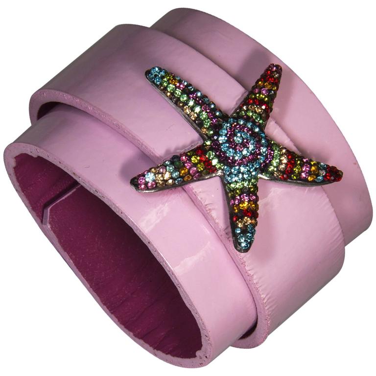 Sterling Silver CZ Starfish on Leather Cuff Bracelet For Sale