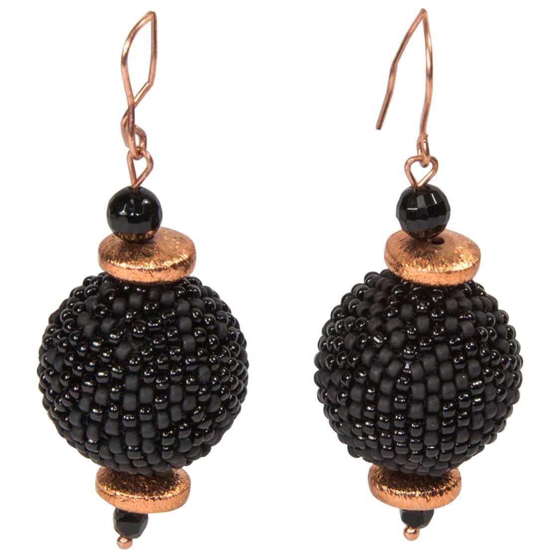 Avant Garde Large Black Beaded Beads and Copper Dangle Earrings