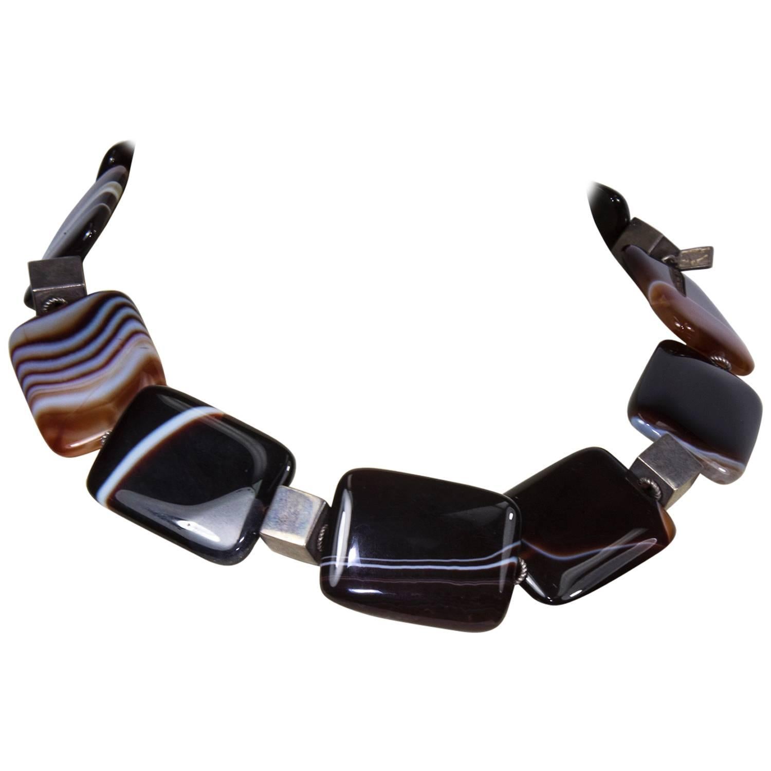 Banded Agate Sterling Silver Choker Necklace Estate Find For Sale