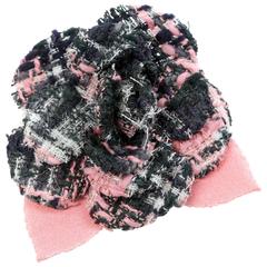 Chanel Pink and Black Tweed Camellia Flower Pin