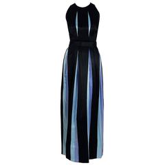 1966 Gigliola Curiel Couture Black & Blue Stripe Silk Pleated Column Dress Gown