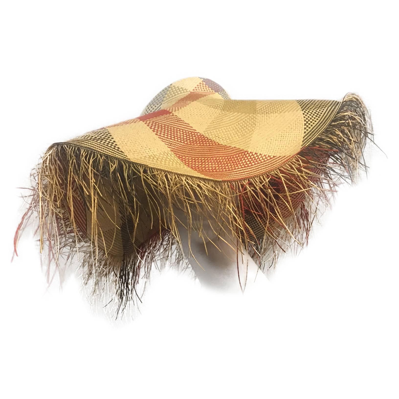 1940s Woven Plaid Straw Sun Hat with Dramatic Straw Fringed Brim