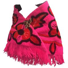 1960s Fluorescent Pink Yarn Embroidered Floral Wool Shawl w/ Fringe  