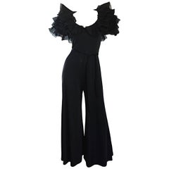 Exquisite Vintage Mignon Black Chiffon Sleeves Jersey Belted Wide Leg Jumpsuit