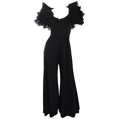 Exquisite Vintage Mignon Black Chiffon Sleeves Jersey Belted Wide Leg Jumpsuit 8