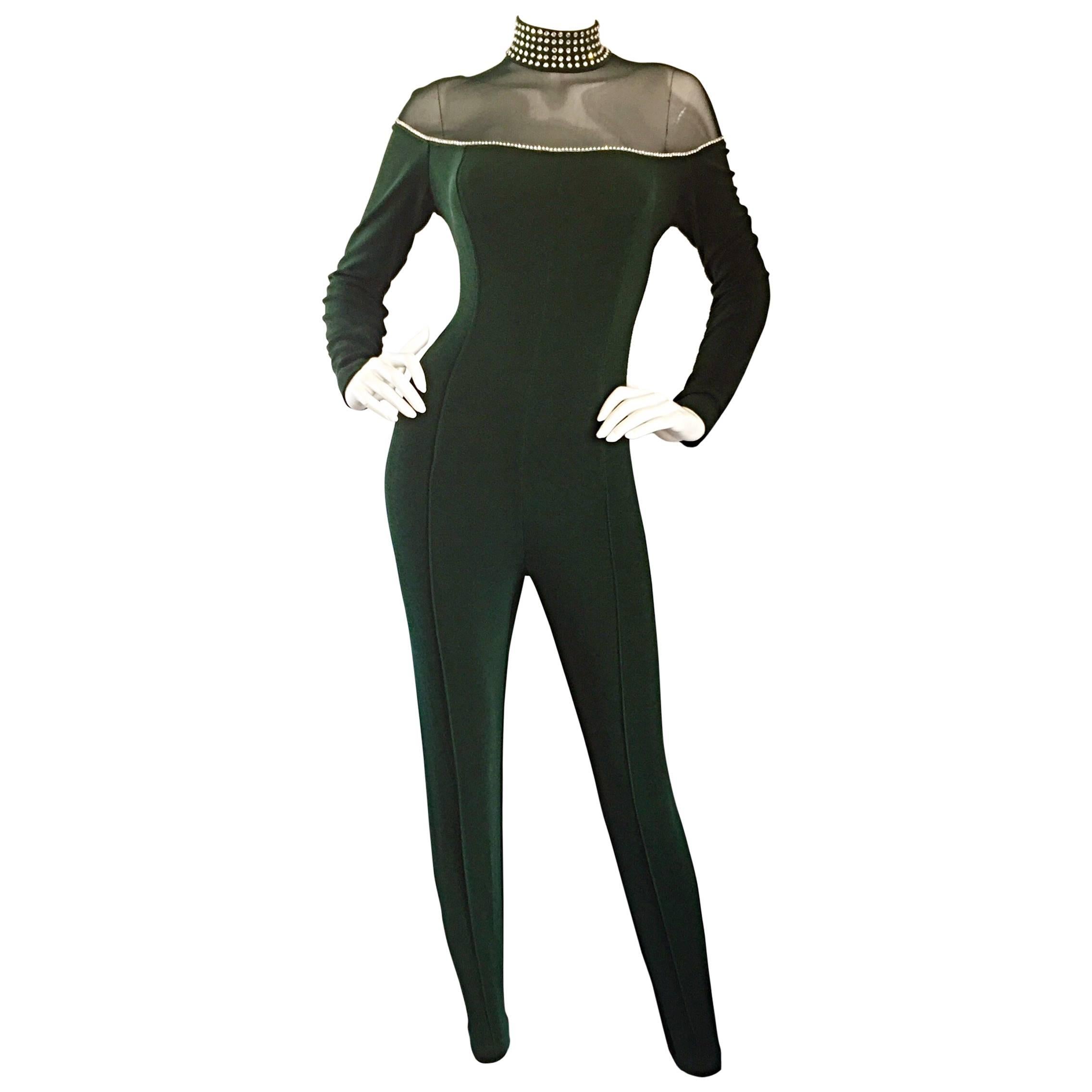 Tadashi Shoji Vintage Hunter Green Nude Illusion Rhinestone Jumpsuit Catsuit