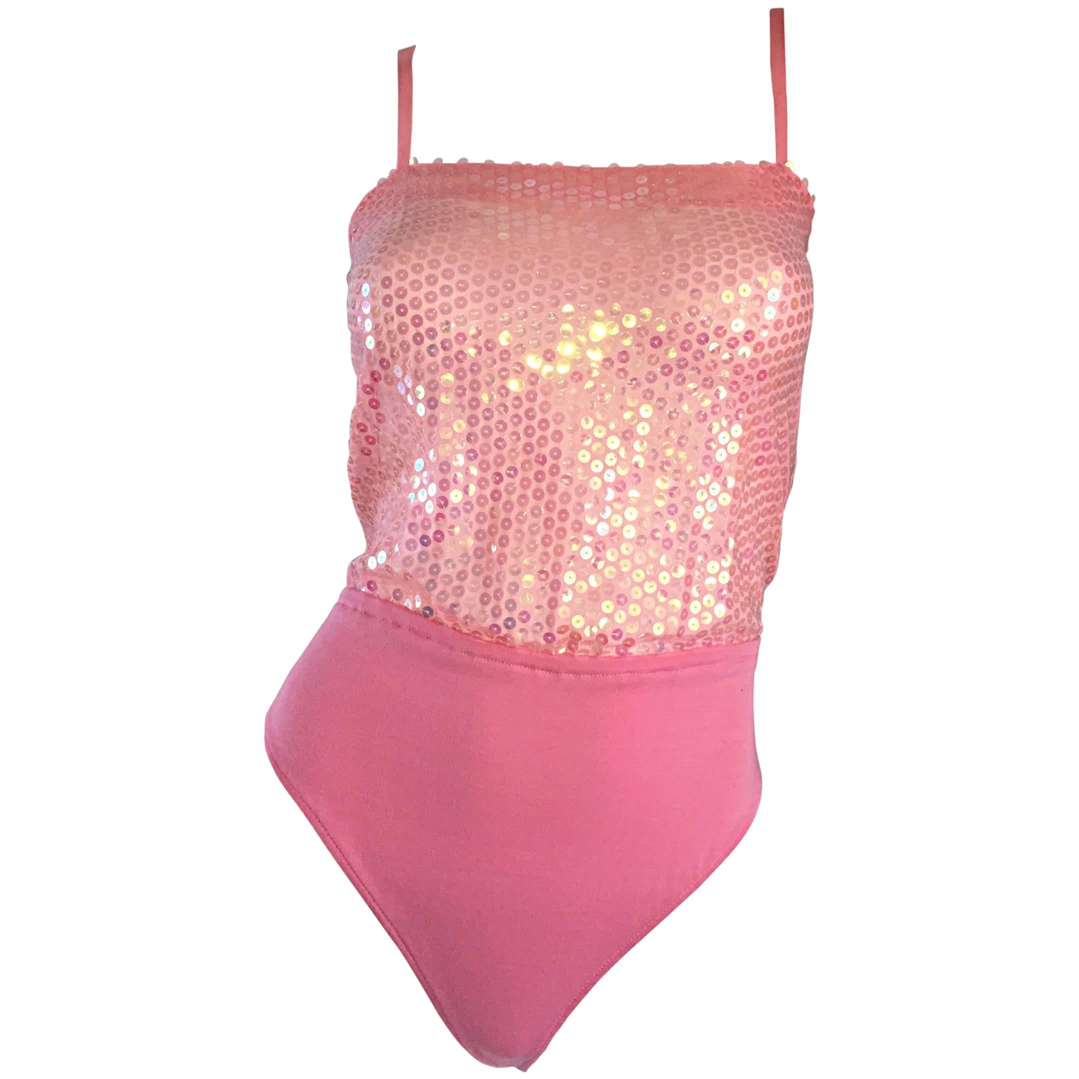 Vintage ESCADA by Margaretha Ley Pink Sequined Silk Bodysuit Leotard Onesie For Sale