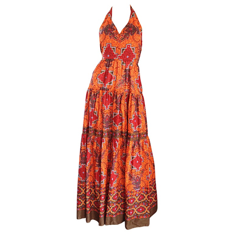 1970s Frank Usher of London Couture Boho Ethnic Tribal Print Halter Maxi Dress For Sale at 1stDibs | frank usher london, lou ethnic maxi, burnt orange maxi dress boho 1970s Frank Usher of London Couture Boho Ethnic Tribal Print Halter Maxi Dress For Sale at 1stDibs | frank usher london, lou ethnic maxi, burnt orange maxi dress boho