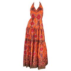 1970s Frank Usher of London Couture Boho Ethnic Tribal Print Halter Maxi Dress 3