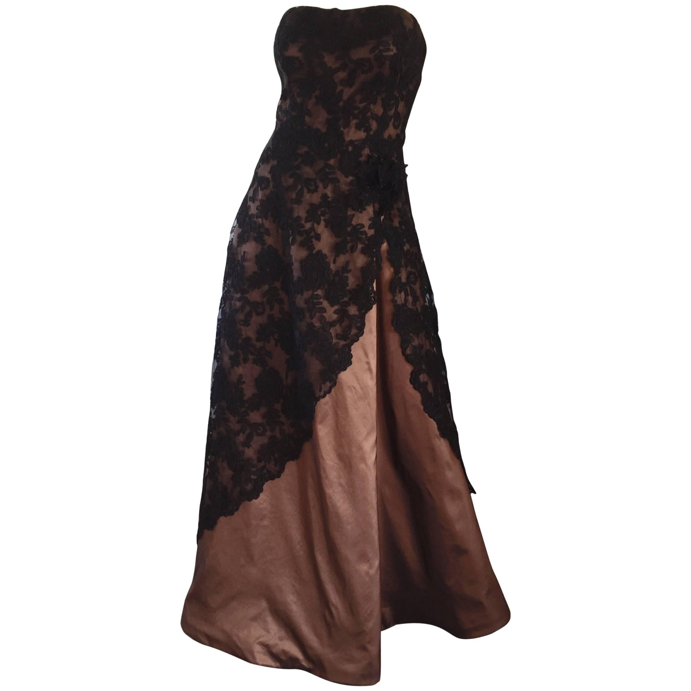 Incredible Vintage Rose Taft 1950s Style Black + Brown Lace + Silk Taffeta Gown For Sale