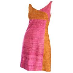 1960s 60s Pink + Burnt Orange Color Block Silk Linen Vintage A - Line Dress
