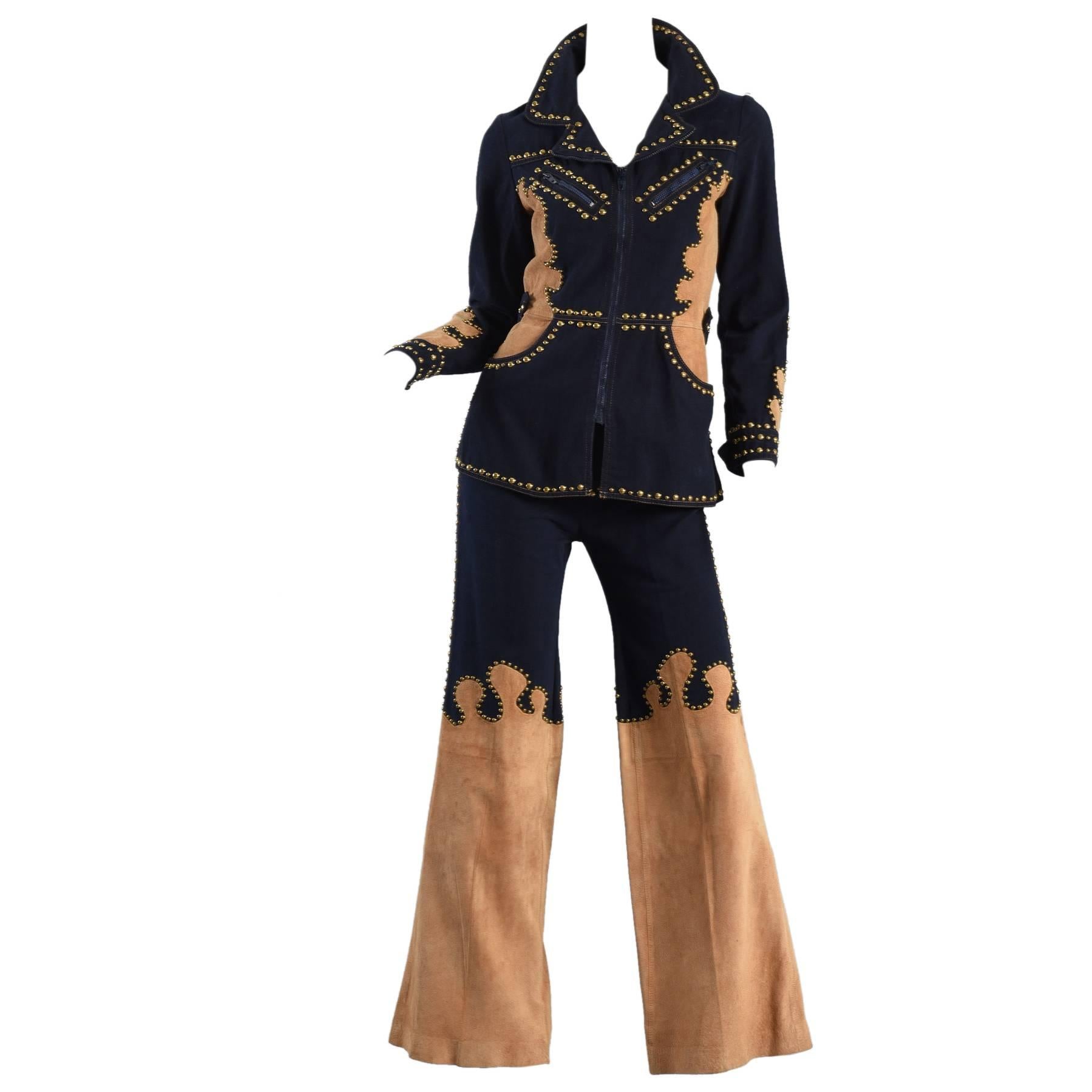 1970s Roncelli Studded Leather + Denim Suit For Sale