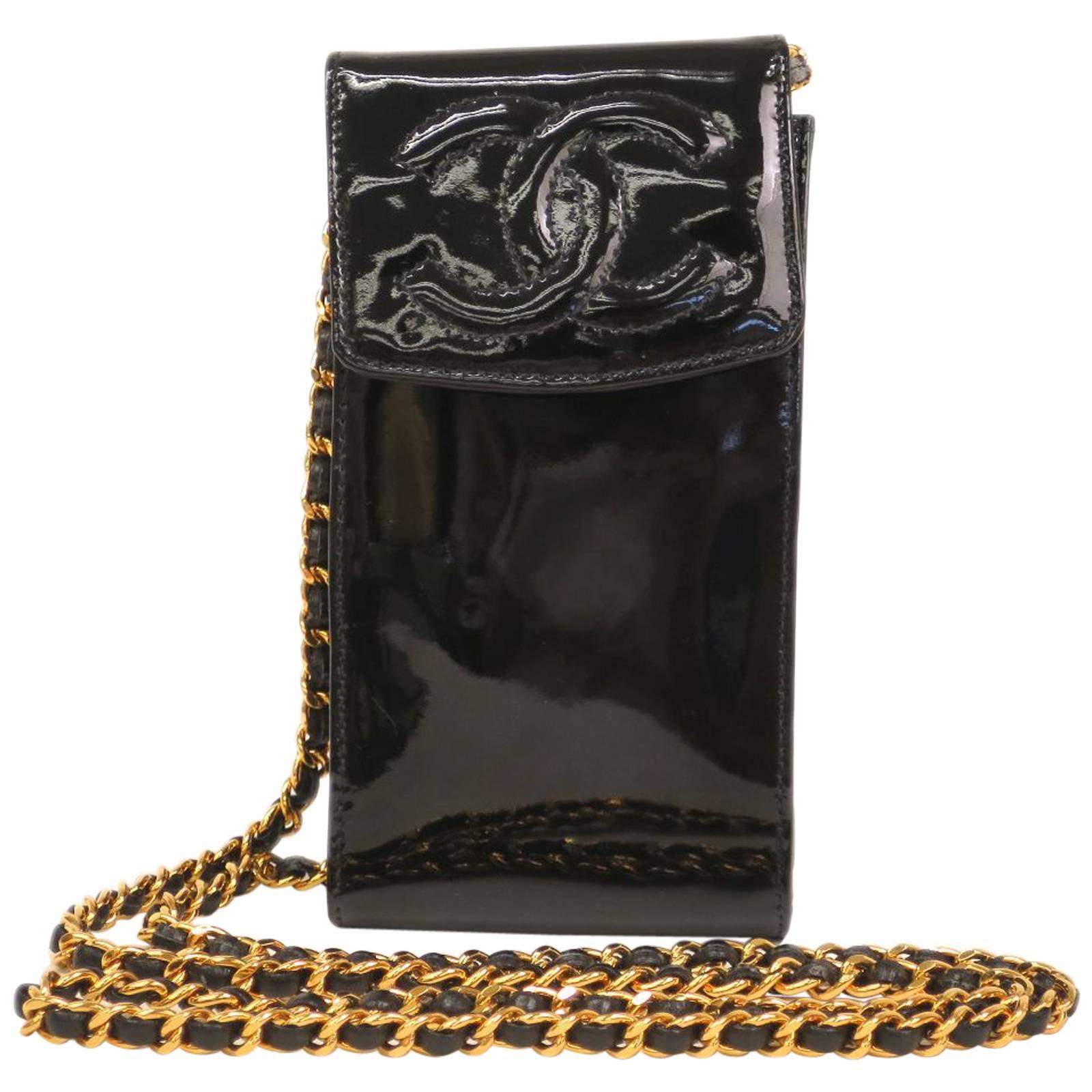 Chanel Black Patent Leather Gold Hardware Mini Cell Phone Crossbody Shoulder Bag