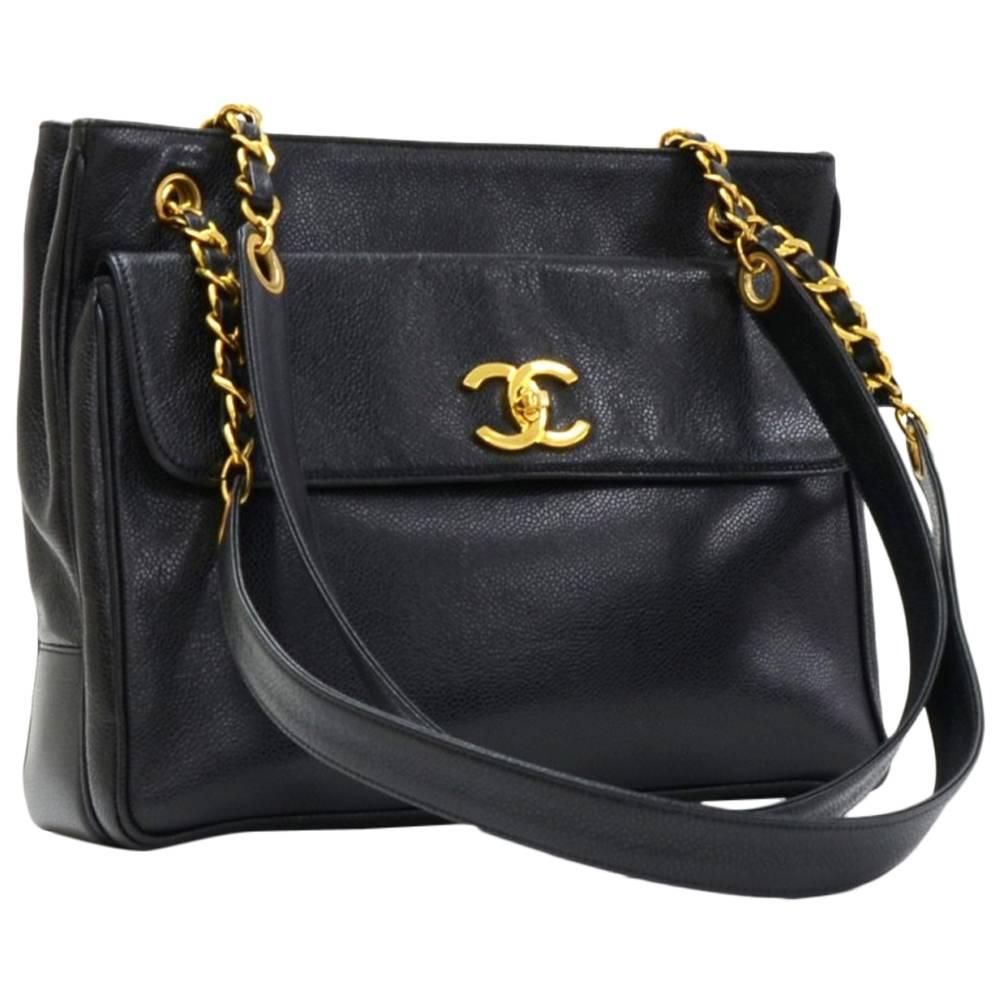 Vintage Chanel 12" Black Caviar Leather Medium Shoulder Tote Bag