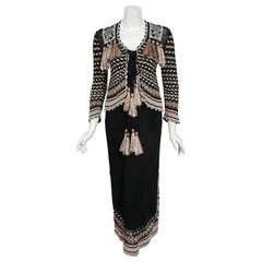 Retro 1970's Bill Gibb Metallic Knit Insect-Novelty Tassel Sweater Dress Set