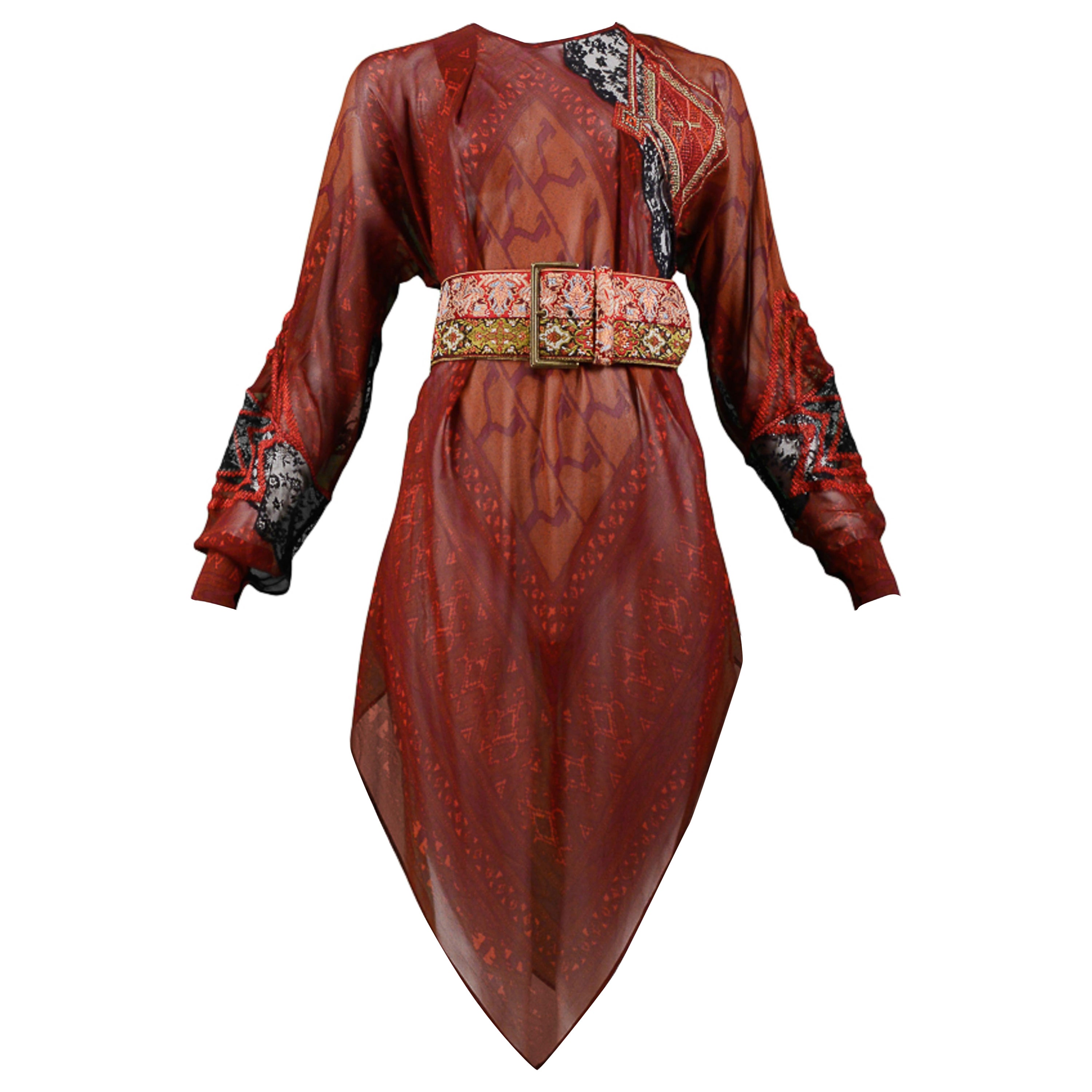 Gianfranco Ferre Burgundy Printed Tunic & Embroidered Belt For Sale