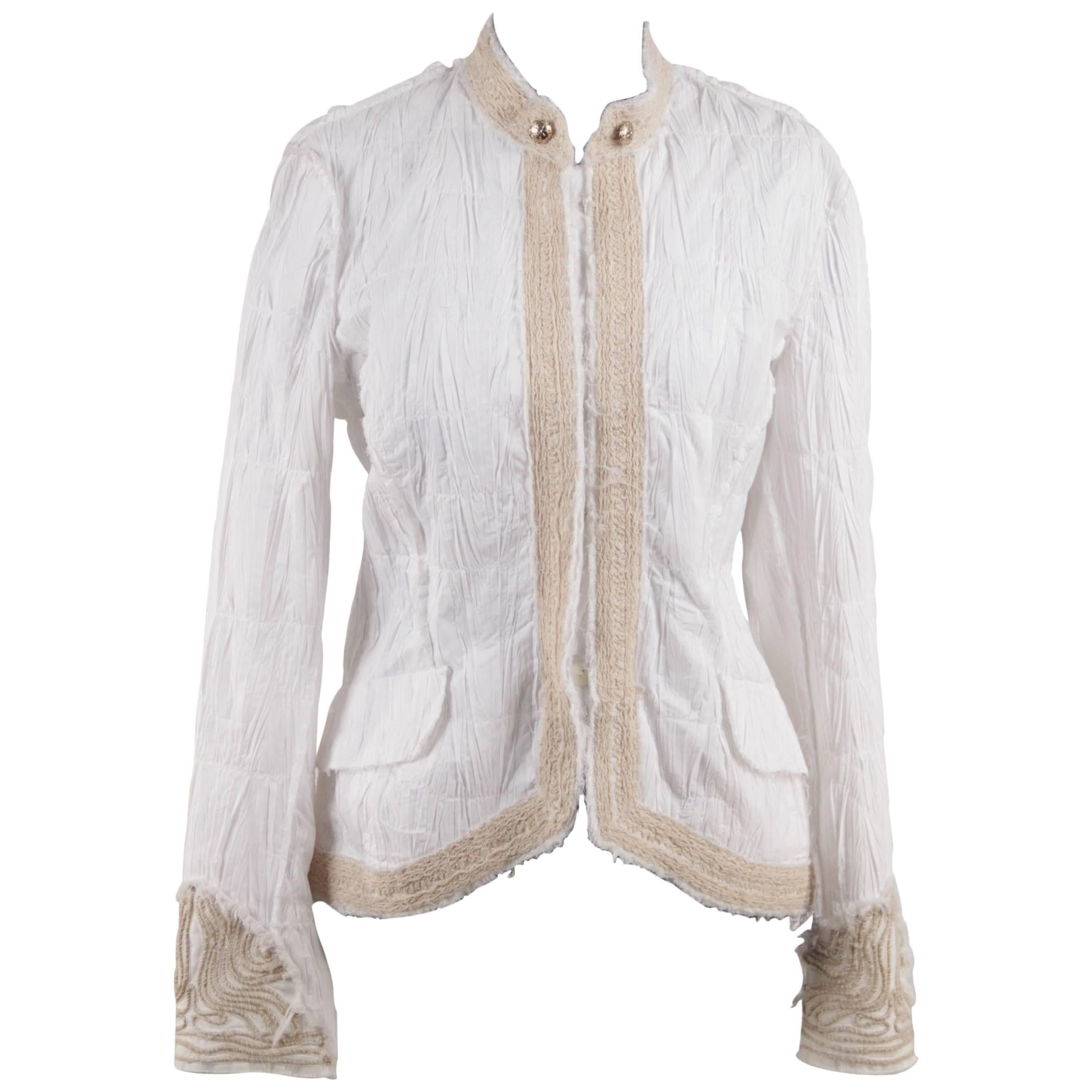 ERMANNO DAELLI White Crinckled COLLARLESS JACKET w/ Embroidery SIZE 44