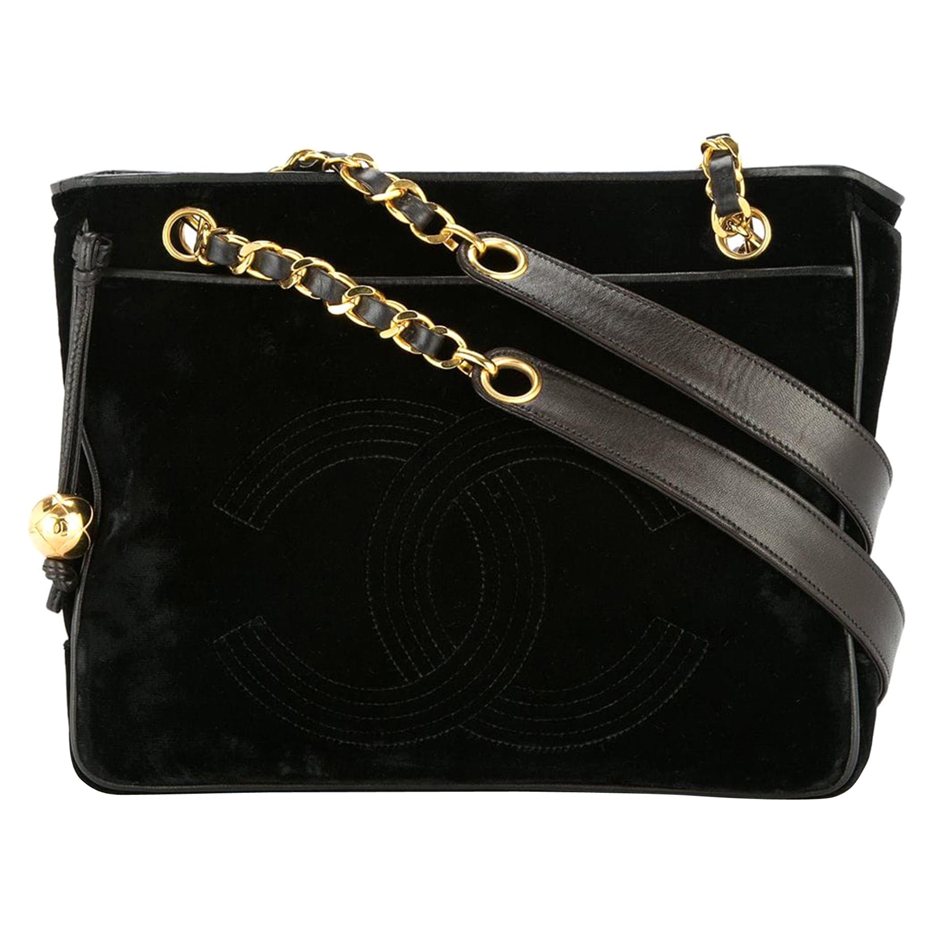 Chanel Ultra Rare Vintage 90s Black Velvet CC Small Medium Tote Shoulder Bag