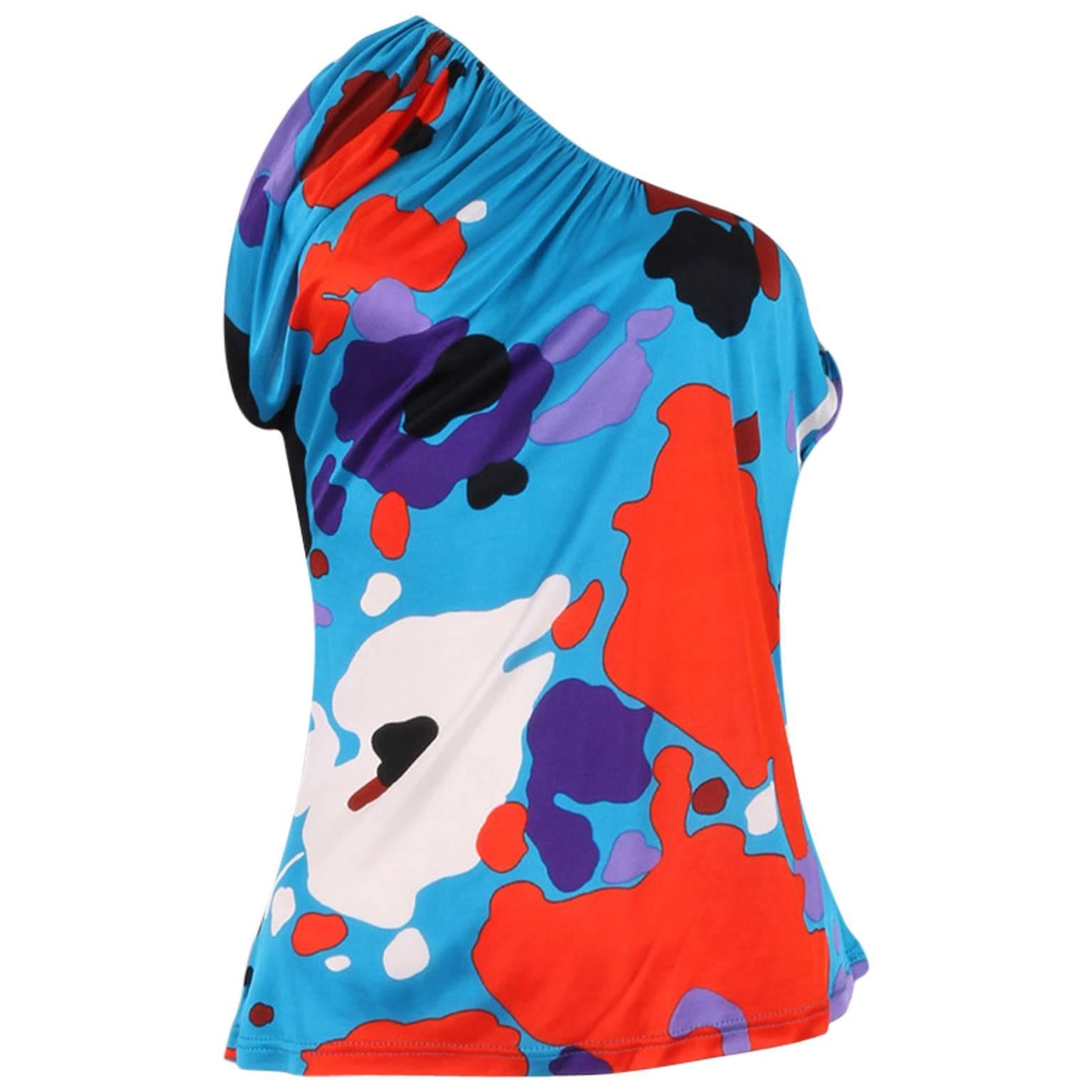 John Galliano Electric Blue One Shoulder Abstract Bright Floral  Print Summer To For Sale