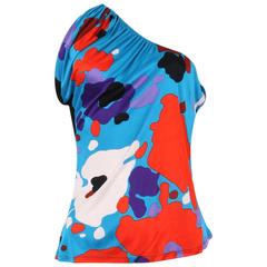 John Galliano Electric Blue One Shoulder Abstract Bright Floral  Print Summer To