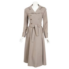 Vintage 1970's Ossie Clark Couture Dove-Gray Double Breasted Belted Trench Coat 