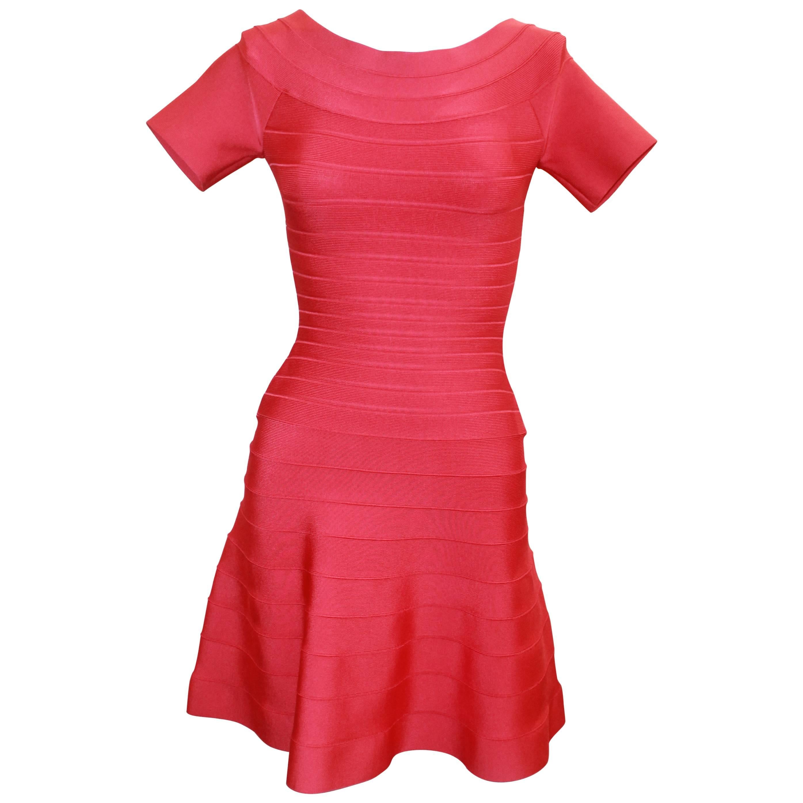Herve Leger Raspberry Stretch Short Sleeve Dress - XS
