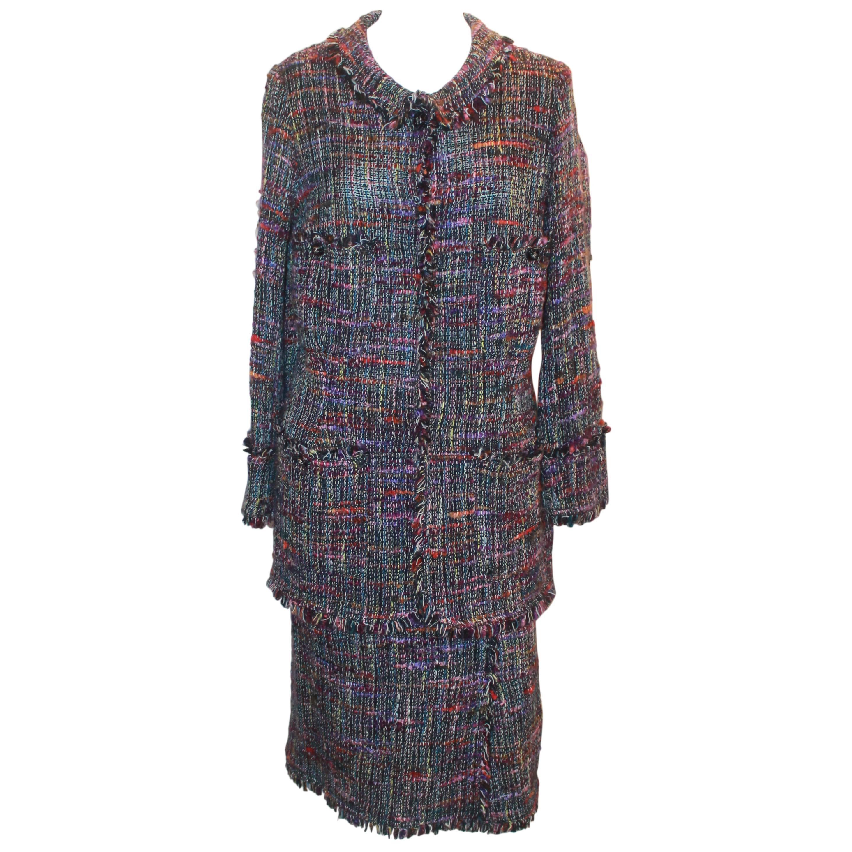 vintage 1980s CHANEL tweed suit plum blue wool boucle jacket skirt CC logo buttons S - M