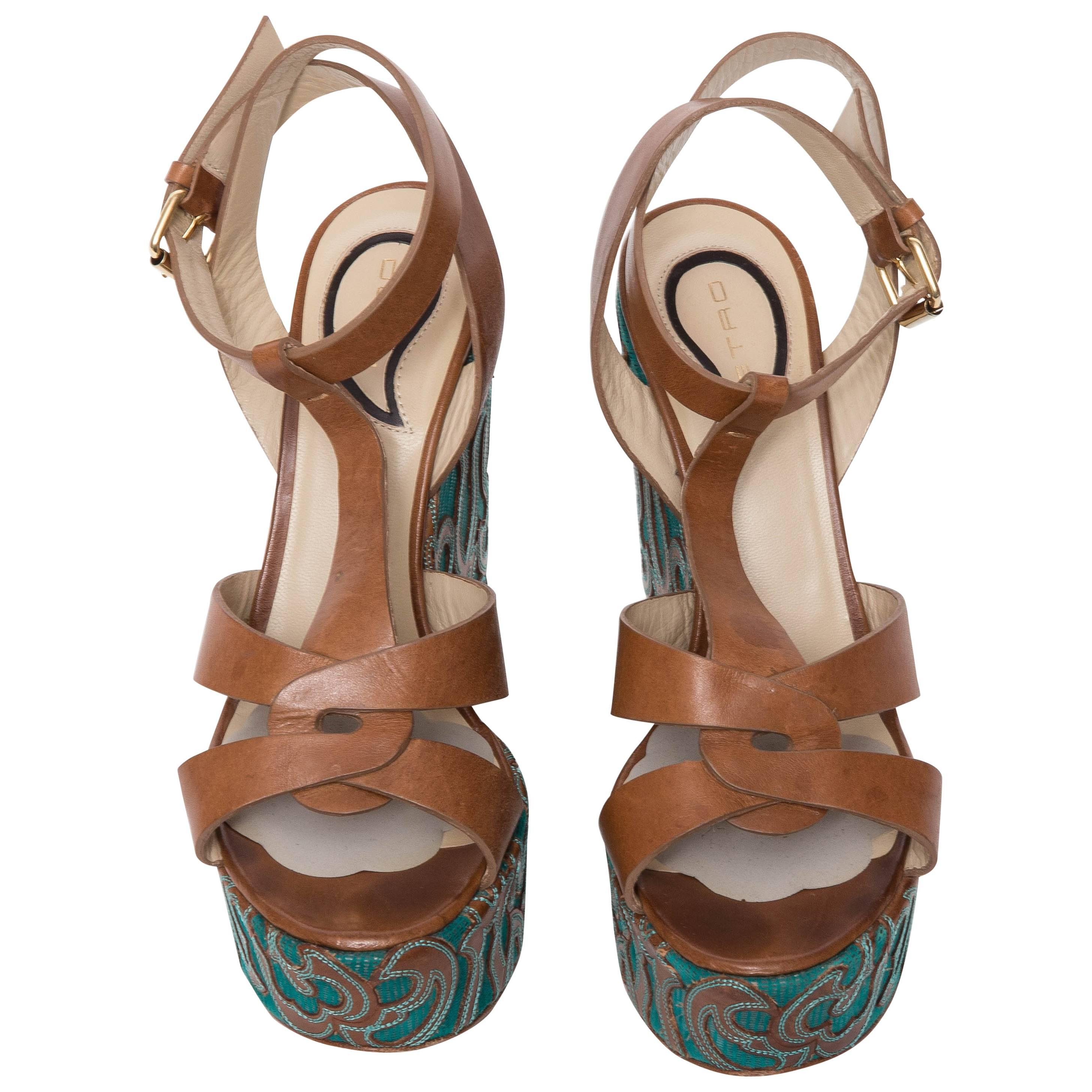 Etro Brown Leather and Turquoise Sole Wedged Sandals For Sale