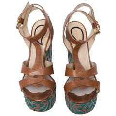 Etro Brown Leather and Turquoise Sole Wedged Sandals