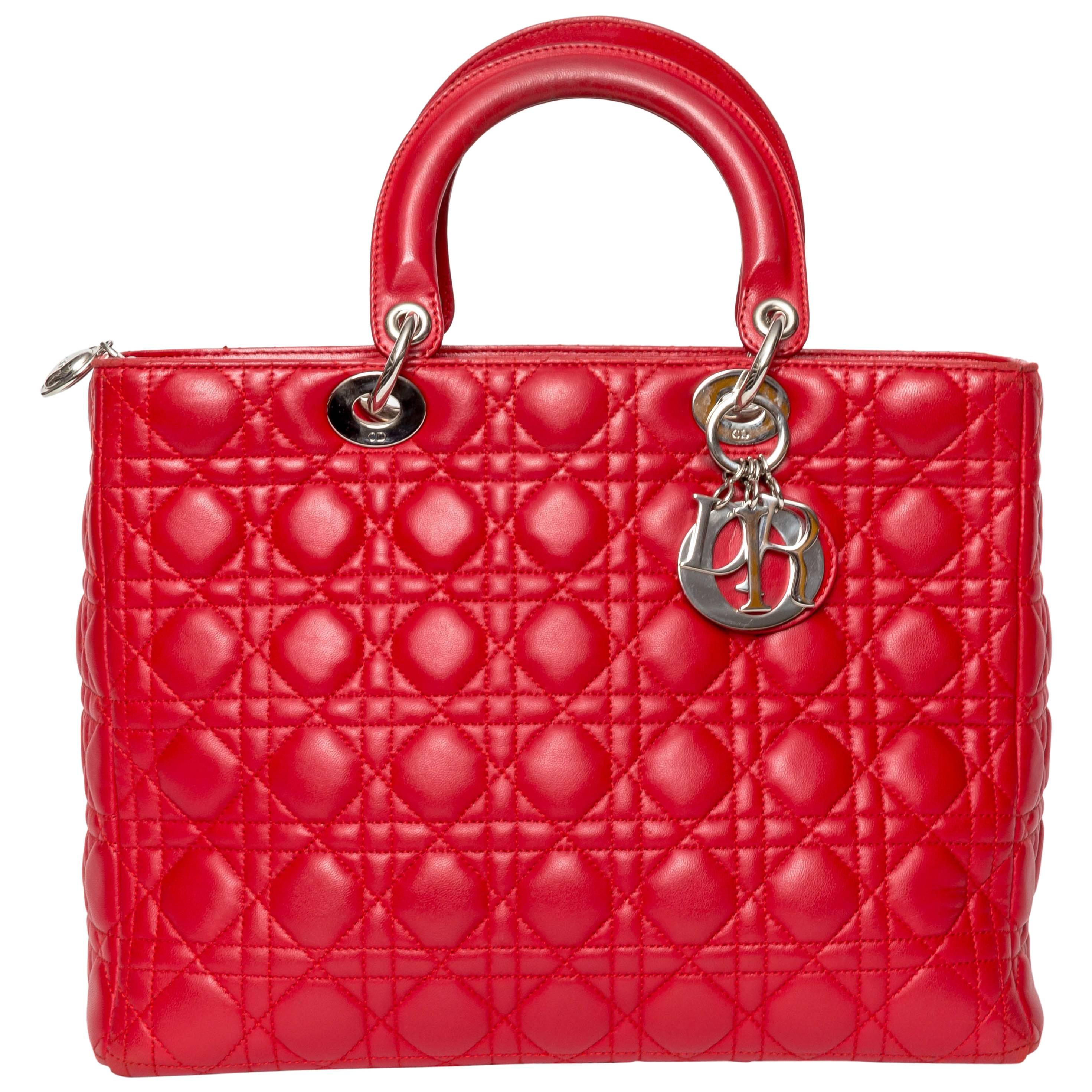 Christian Dior Large Lady Dior in Red Quilted Cannage Lambskin Tote
