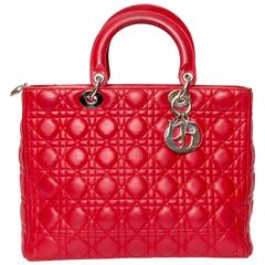 Christian Dior Large Lady Dior in Red Quilted Cannage Lambskin Tote