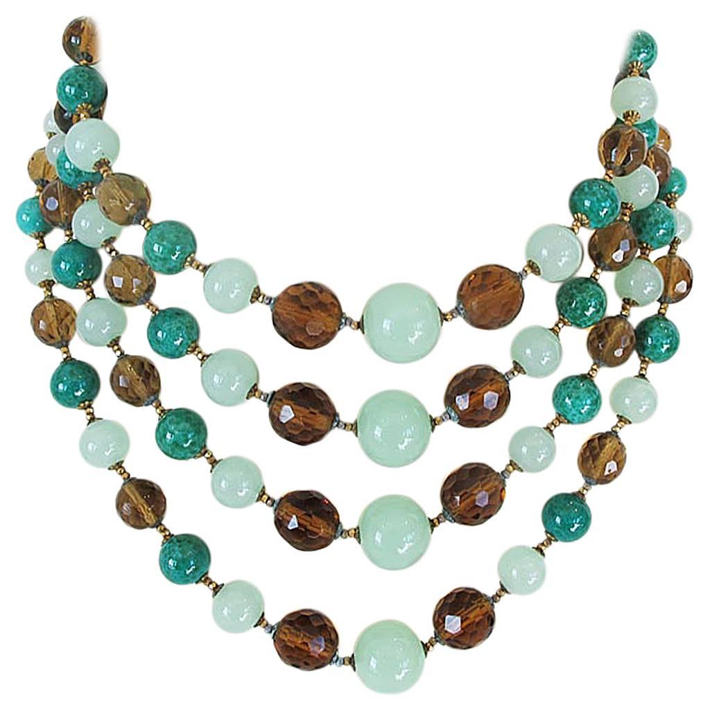 1950's Miriam Haskell Green Beaded Four Strand Necklace For Sale