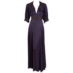 1972 Ossie Clark Purple Celia Birtwell Print Crepe-Satin Collar Plunge Dress