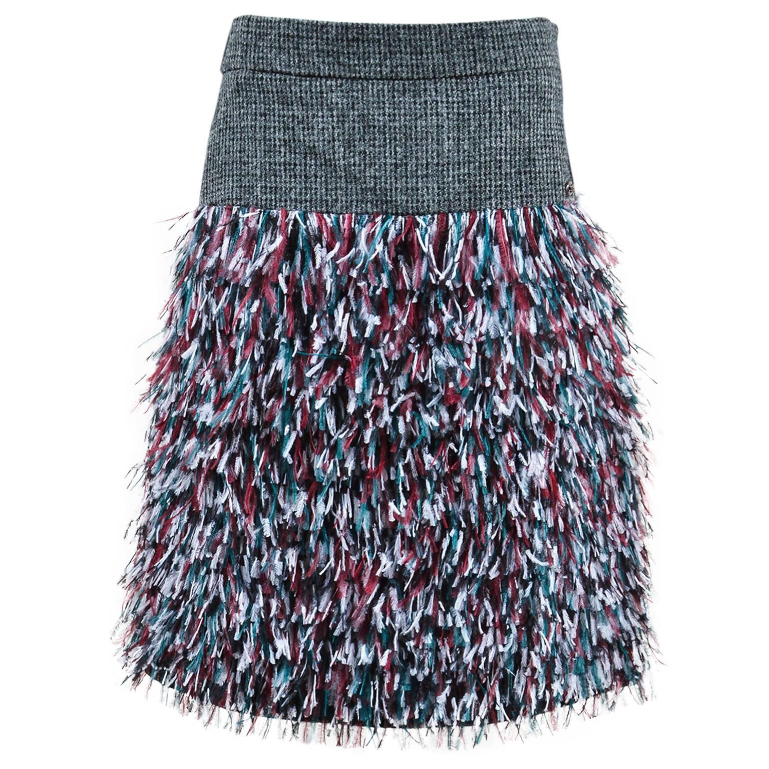 Chanel NWT Gray Tweed Multicolor Wool Ostrich Feathers Pencil Skirt SZ 38 For Sale