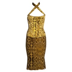 Roberto Cavalli yellow and gold brocade-print silk corset and skirt, fw 2004