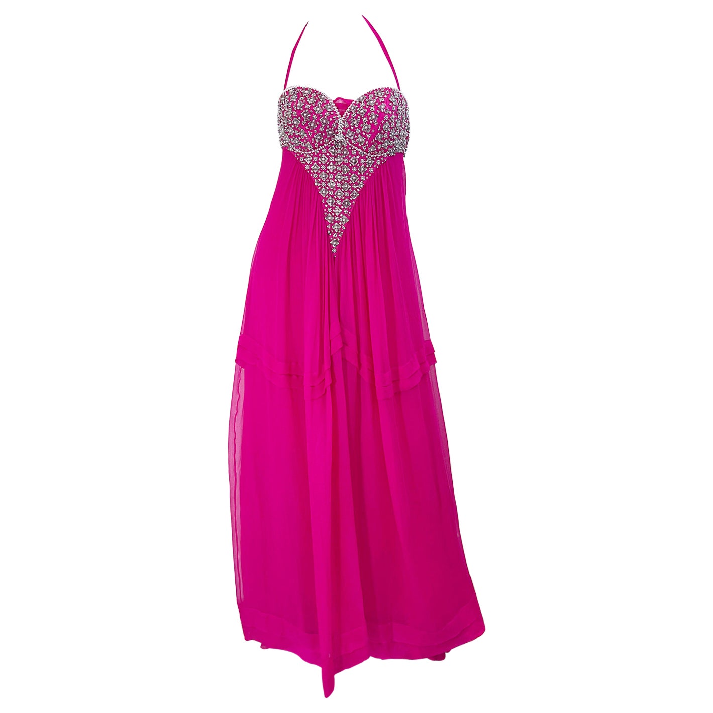 1990s Roberto Cavalli Size 44 / US 8 Hot Pink Chiffon Beaded Rhinestone 90s Gown For Sale